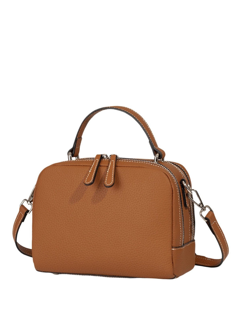 Sac à main en cuir, petit format rigide, bandoulière réglable, compartiments zippés, style urbain, modèle Gravine - Sac à main - Camel