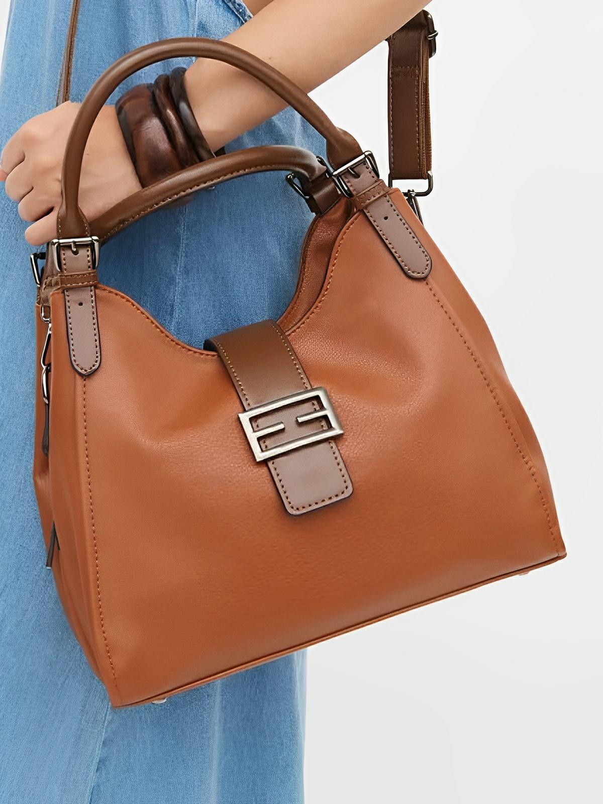 Sac à main en simili vegan, bandoulière ajustable, grand format, compartiments multiples, style rétro, modèle Chloé - Sac à main - Marron