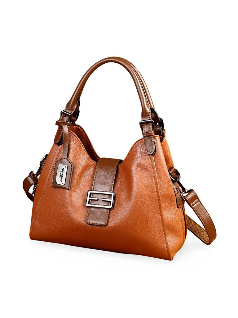 Sac à main en simili vegan, bandoulière ajustable, grand format, compartiments multiples, style rétro, modèle Chloé - Sac à main - Marron