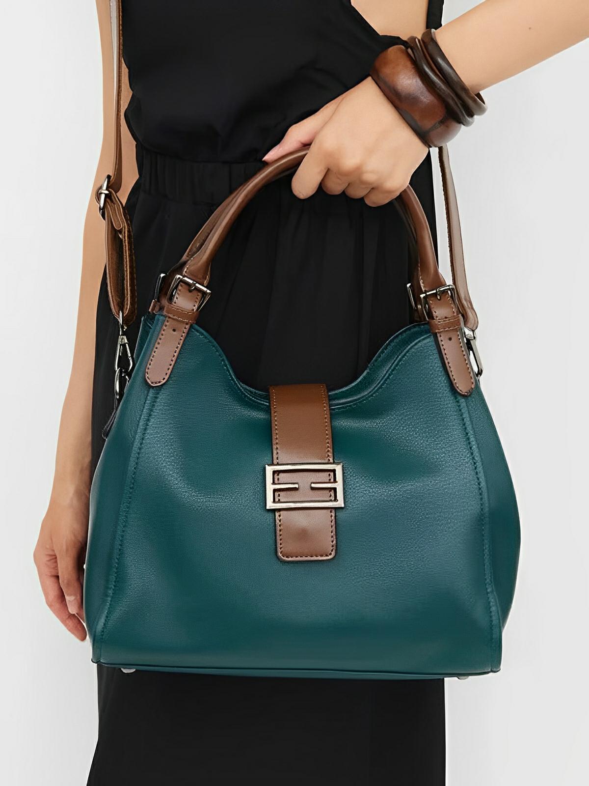 Sac à main en simili vegan, bandoulière ajustable, grand format, compartiments multiples, style rétro, modèle Chloé - Sac à main - Vert