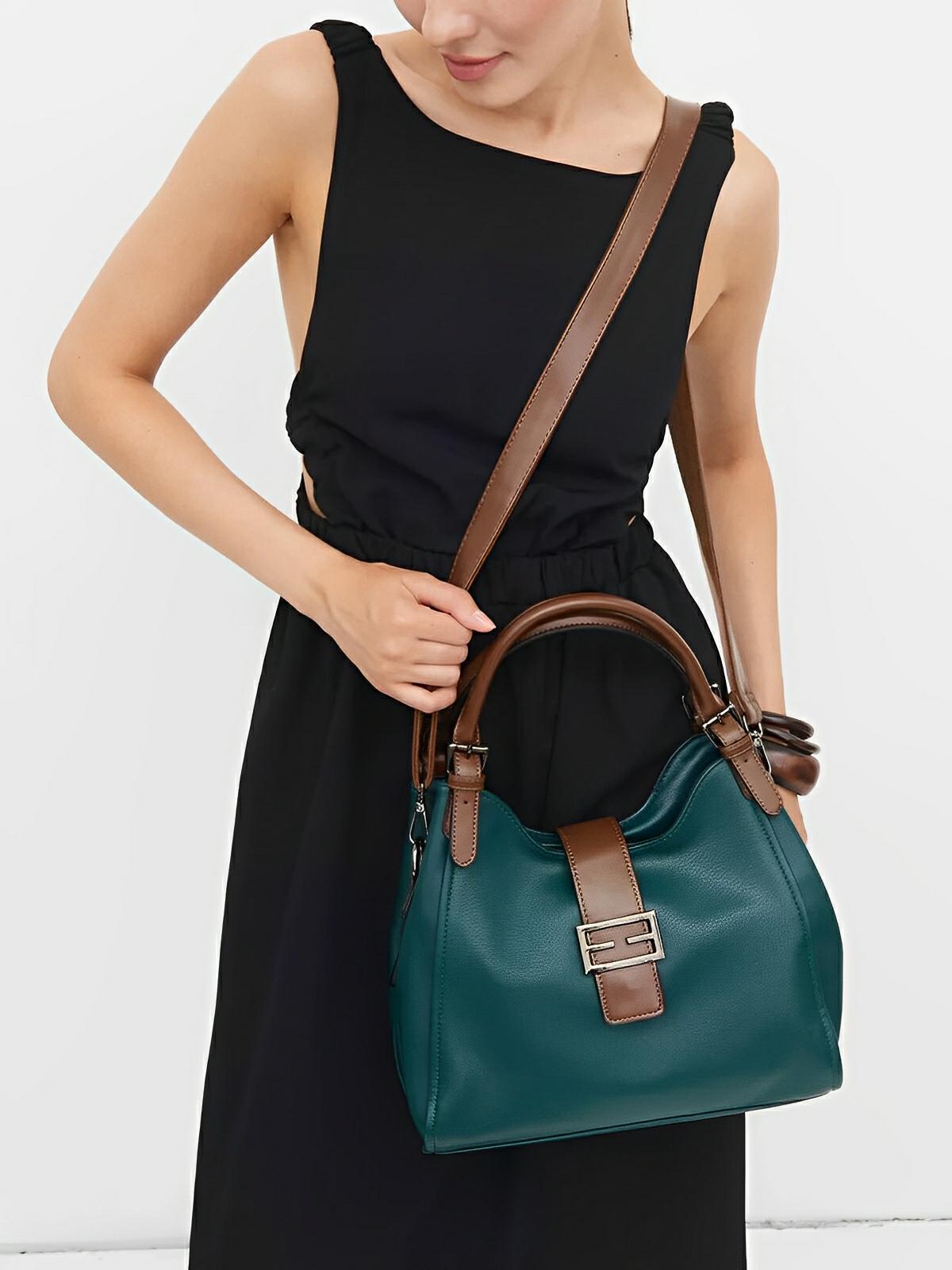 Sac à main en simili vegan, bandoulière ajustable, grand format, compartiments multiples, style rétro, modèle Chloé - Sac à main - Vert