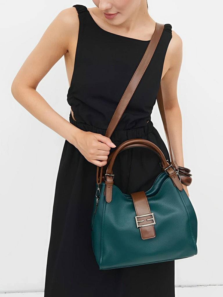 Sac à main en simili vegan, bandoulière ajustable, grand format, compartiments multiples, style rétro, modèle Chloé - Sac à main - Vert