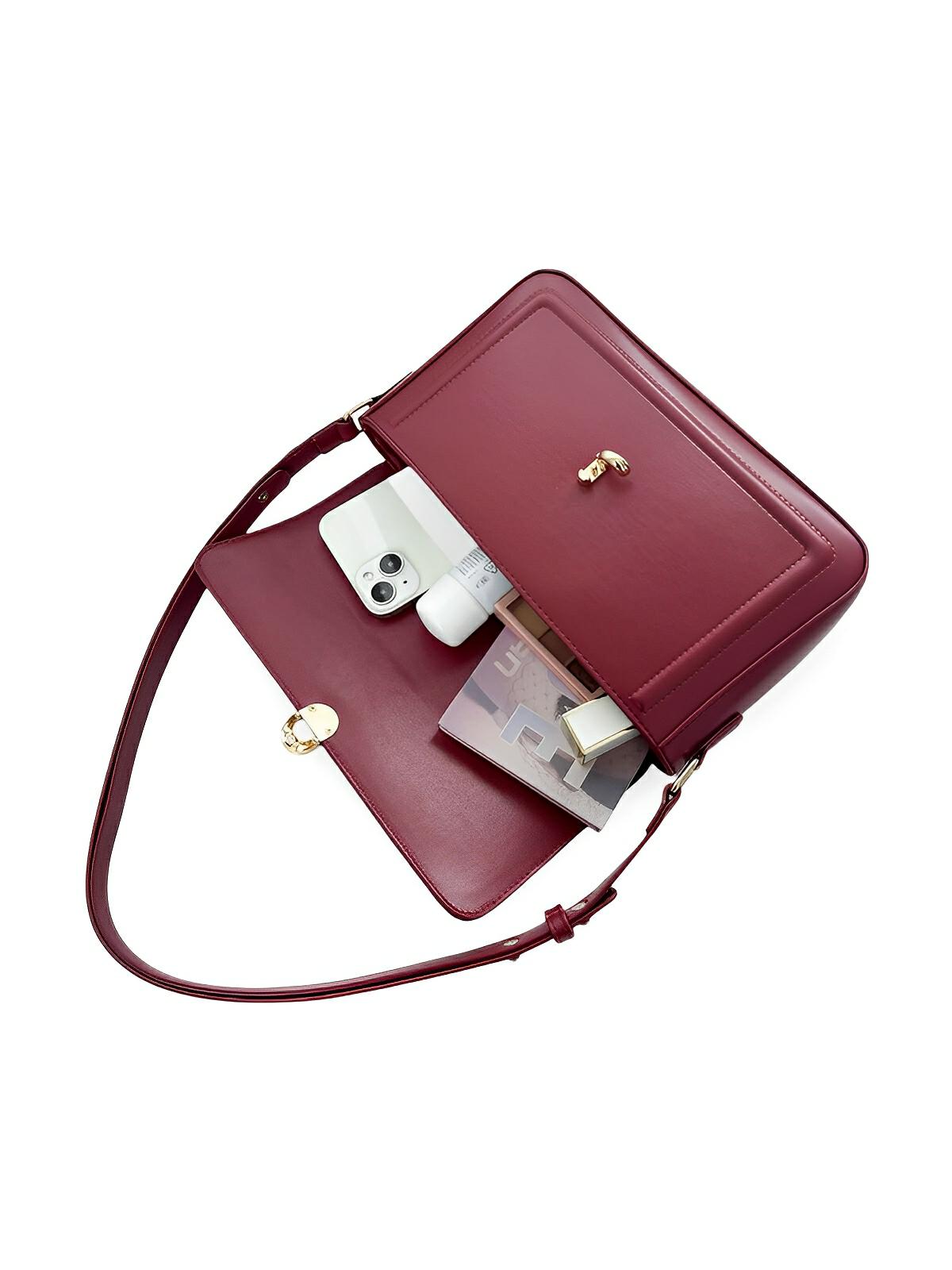 Sac à main en simili vegan, rabat élégant, design minimaliste, porté main ou épaule, format compact, modèle Cindy - Sac à main - Grenat