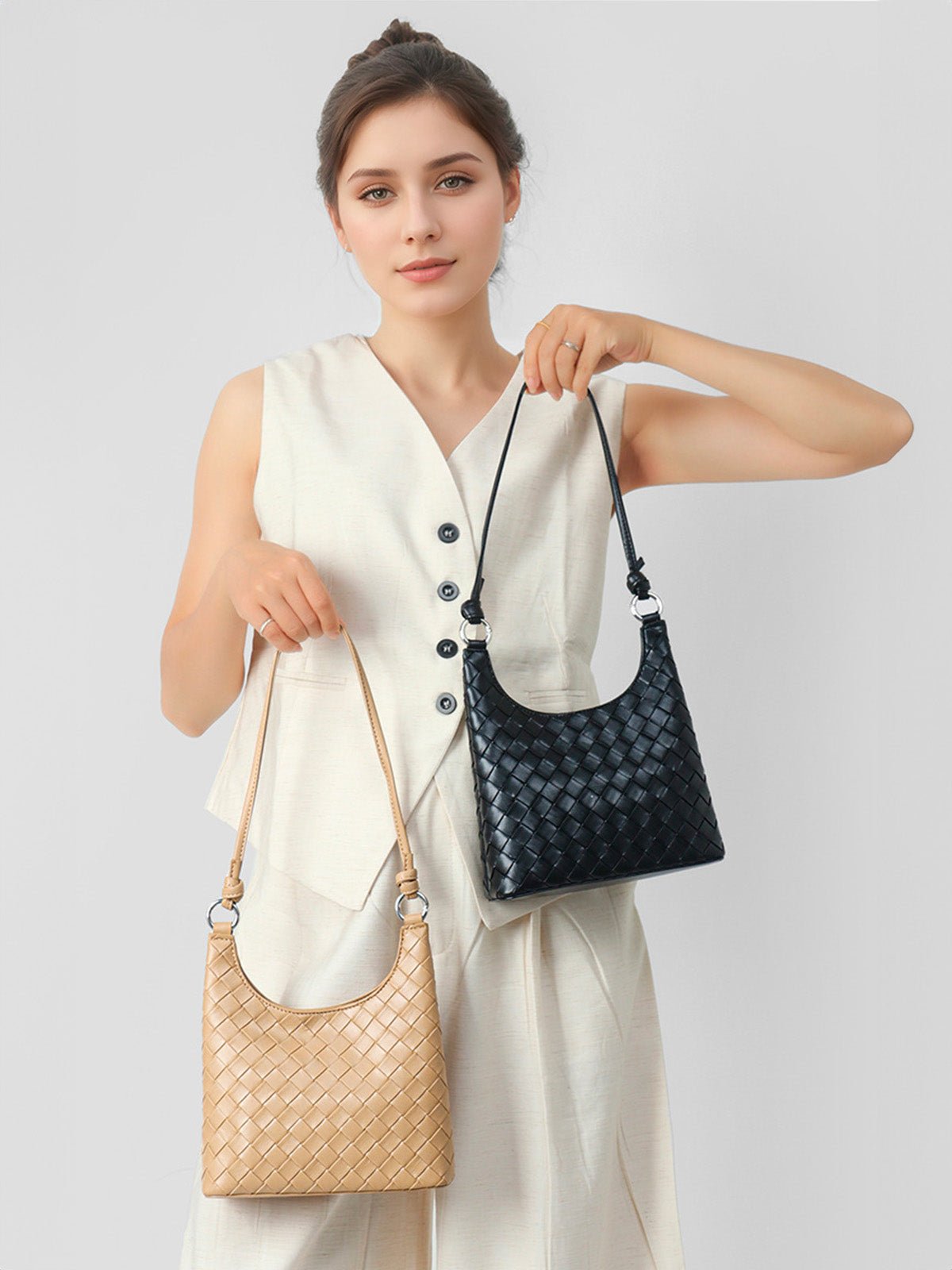 Sac à main épaule cuir tressé, bandoulière réglable, format compact, fermeture magnétique, look minimaliste, modèle Jessica - Sac à main - Noir