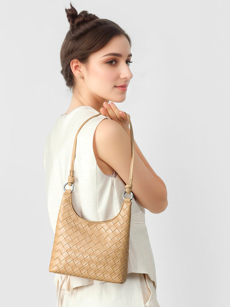 Sac à main épaule cuir tressé, bandoulière réglable, format compact, fermeture magnétique, look minimaliste, modèle Jessica - Sac à main - Beige