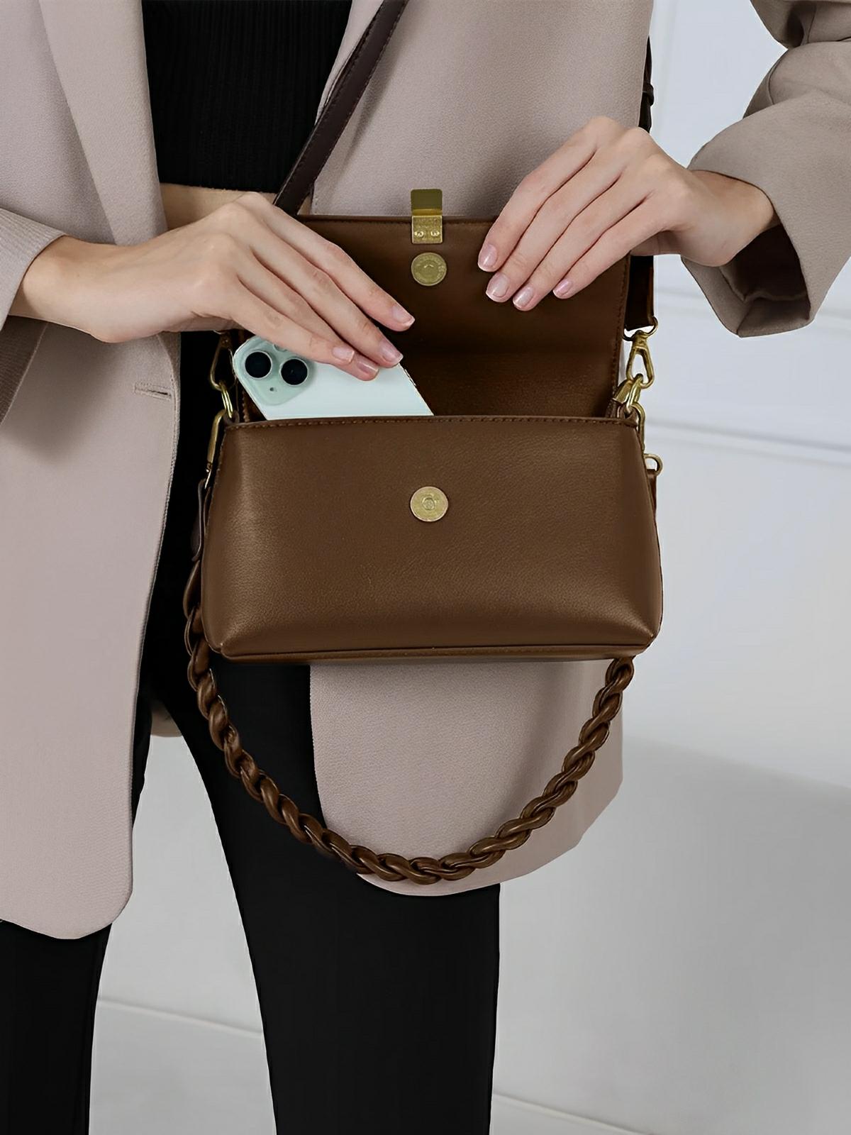 Sac à main femme, à épaule en simili vegan, bandoulière, vintage rectangulaire, quotidien chic, modèle Patricia - Sac à main - Marron