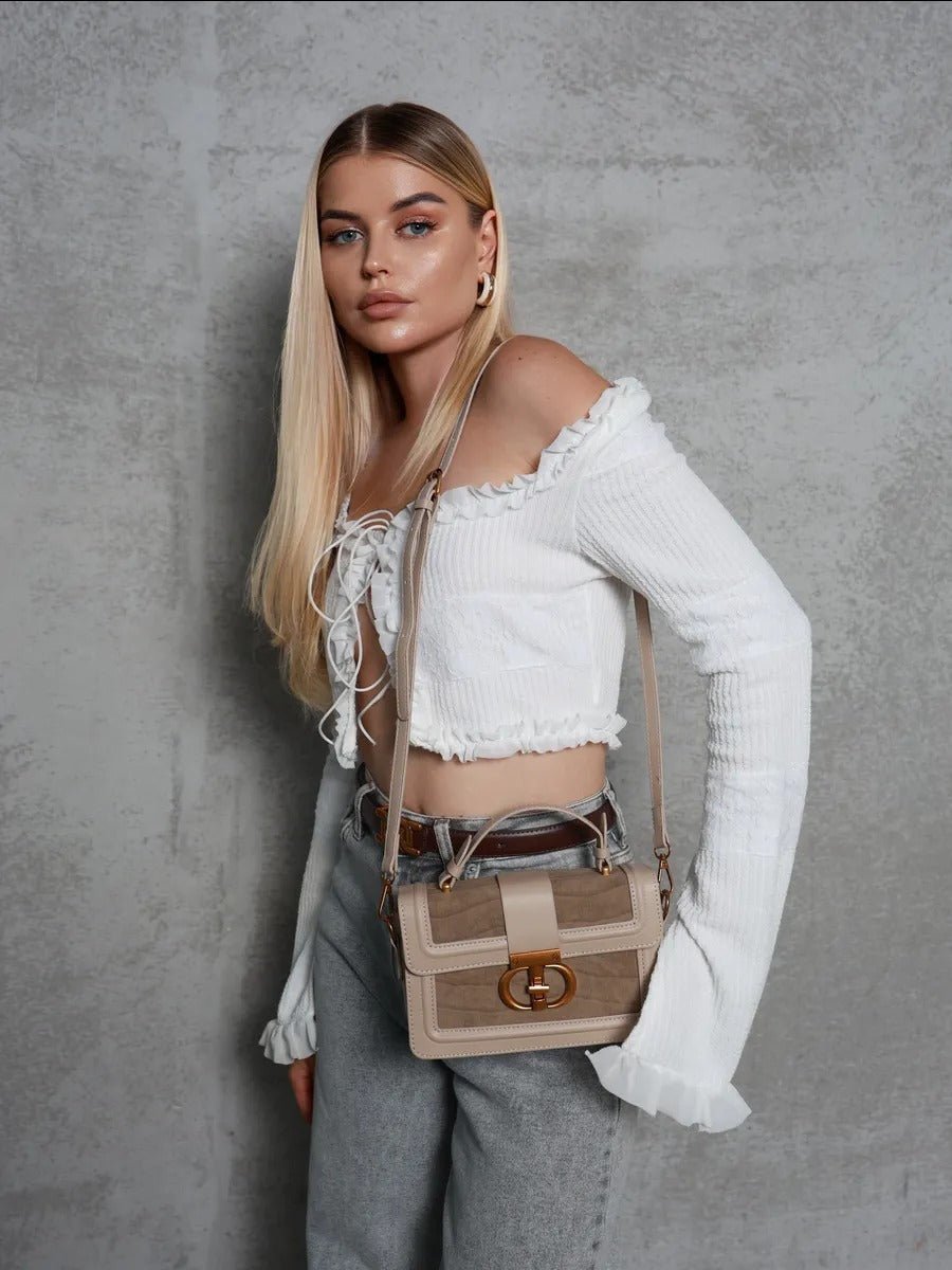 Sac à main femme aspect croco, sac bandoulière chic, sac porté travers avec fermoir doré, aspect moderne, modèle Limona - Sac à main - Beige