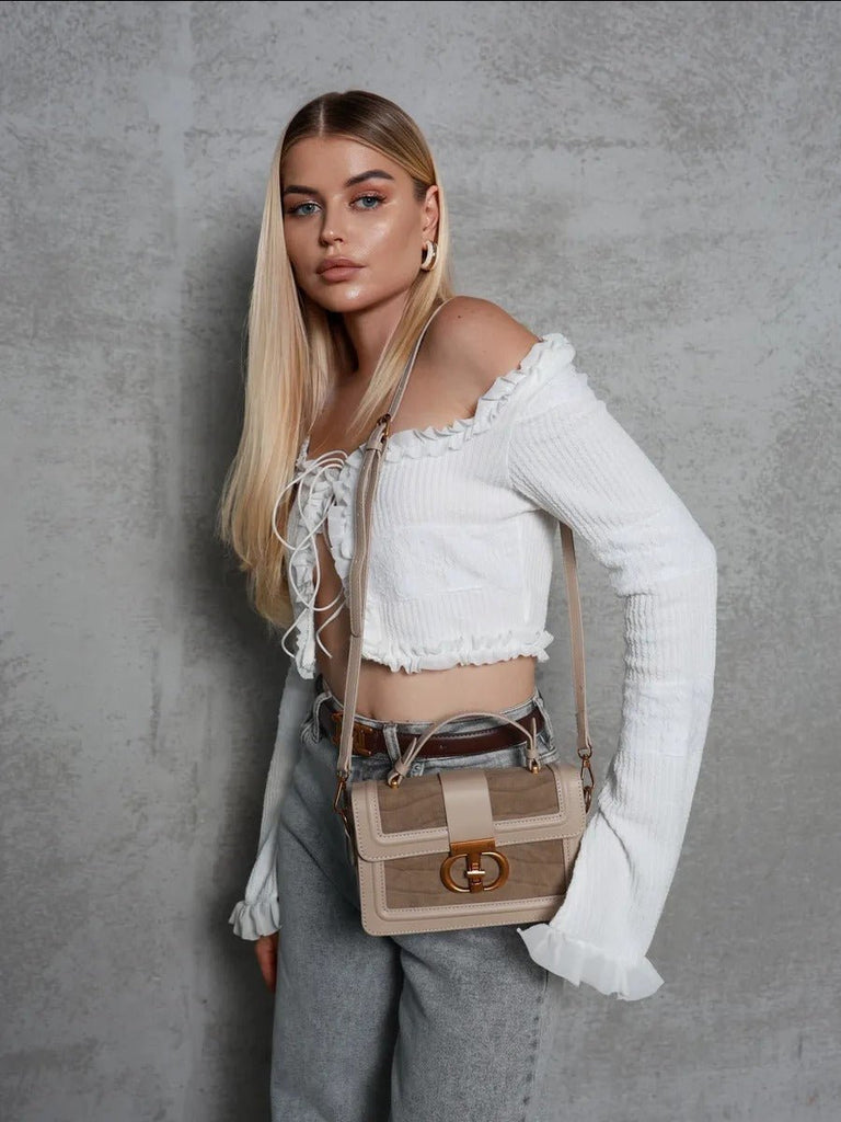 Sac à main femme aspect croco, sac bandoulière chic, sac porté travers avec fermoir doré, aspect moderne, modèle Limona - Sac à main - Beige