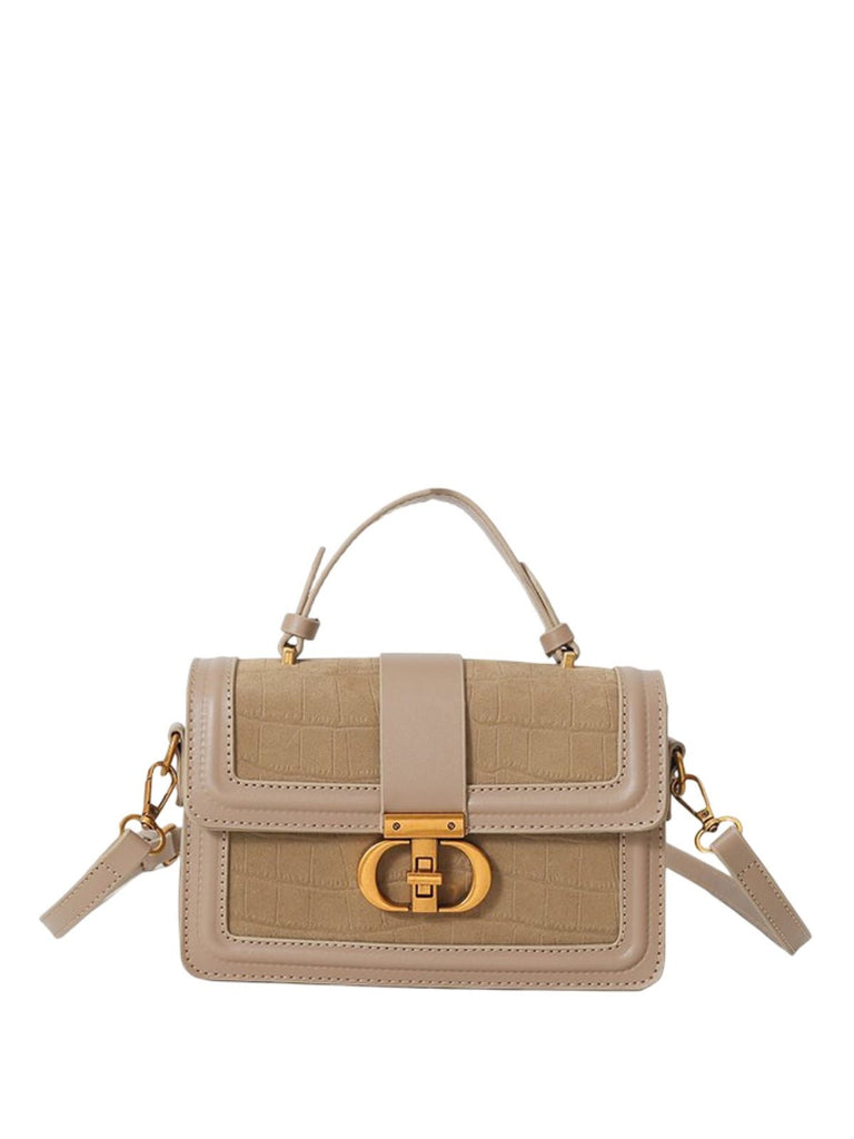 Sac à main femme aspect croco, sac bandoulière chic, sac porté travers avec fermoir doré, aspect moderne, modèle Limona - Sac à main - Beige