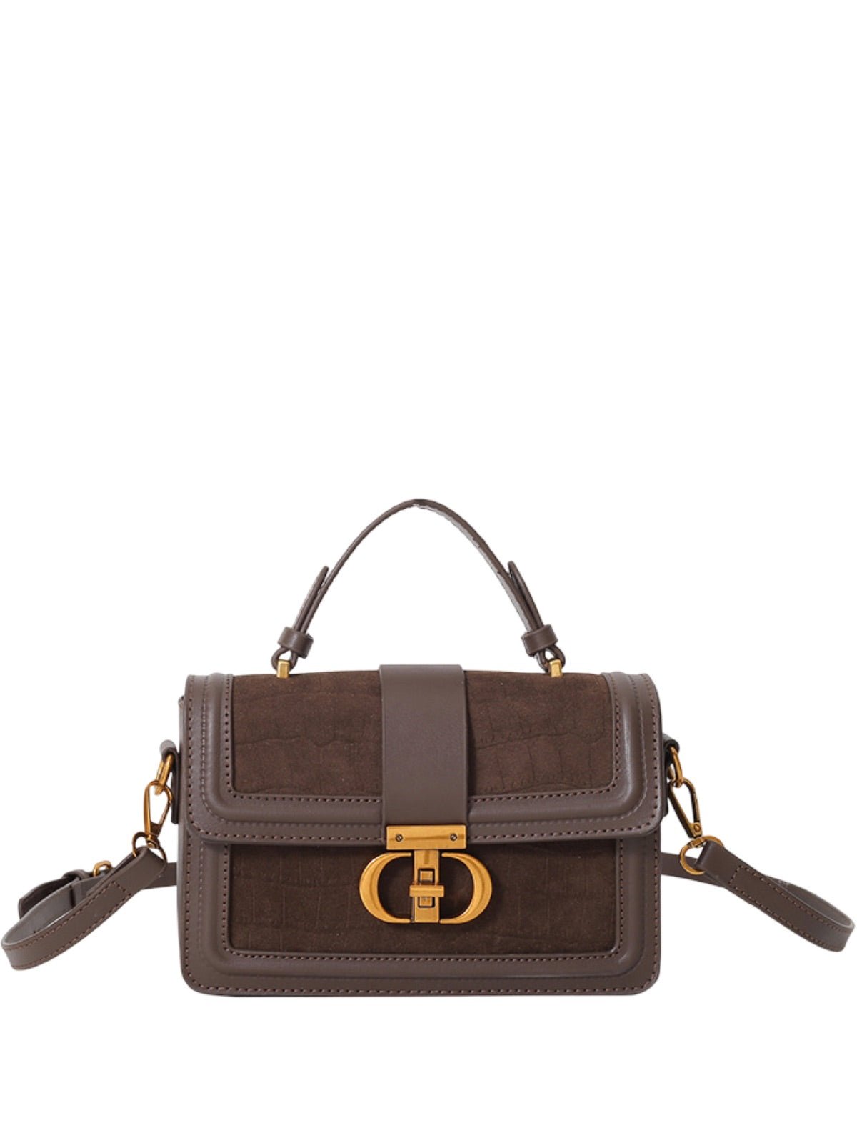 Sac à main femme aspect croco, sac bandoulière chic, sac porté travers avec fermoir doré, aspect moderne, modèle Limona - Sac à main - Café