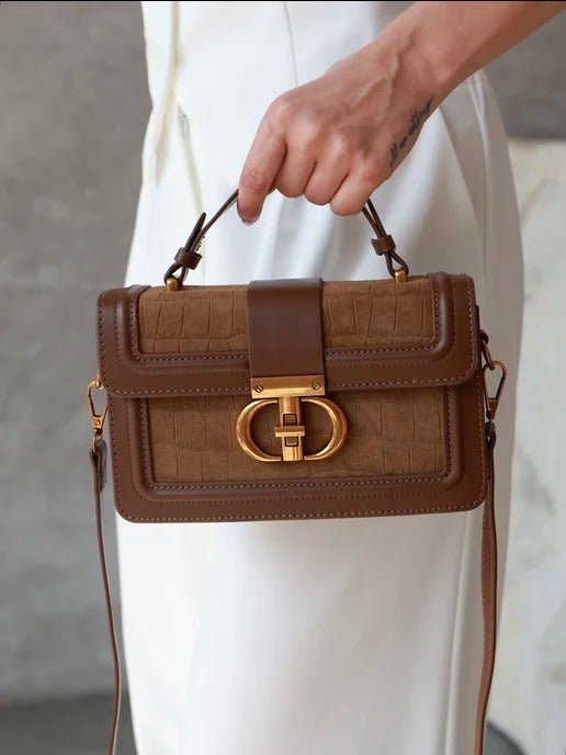 Sac à main femme aspect croco, sac bandoulière chic, sac porté travers avec fermoir doré, aspect moderne, modèle Limona - Sac à main - Marron