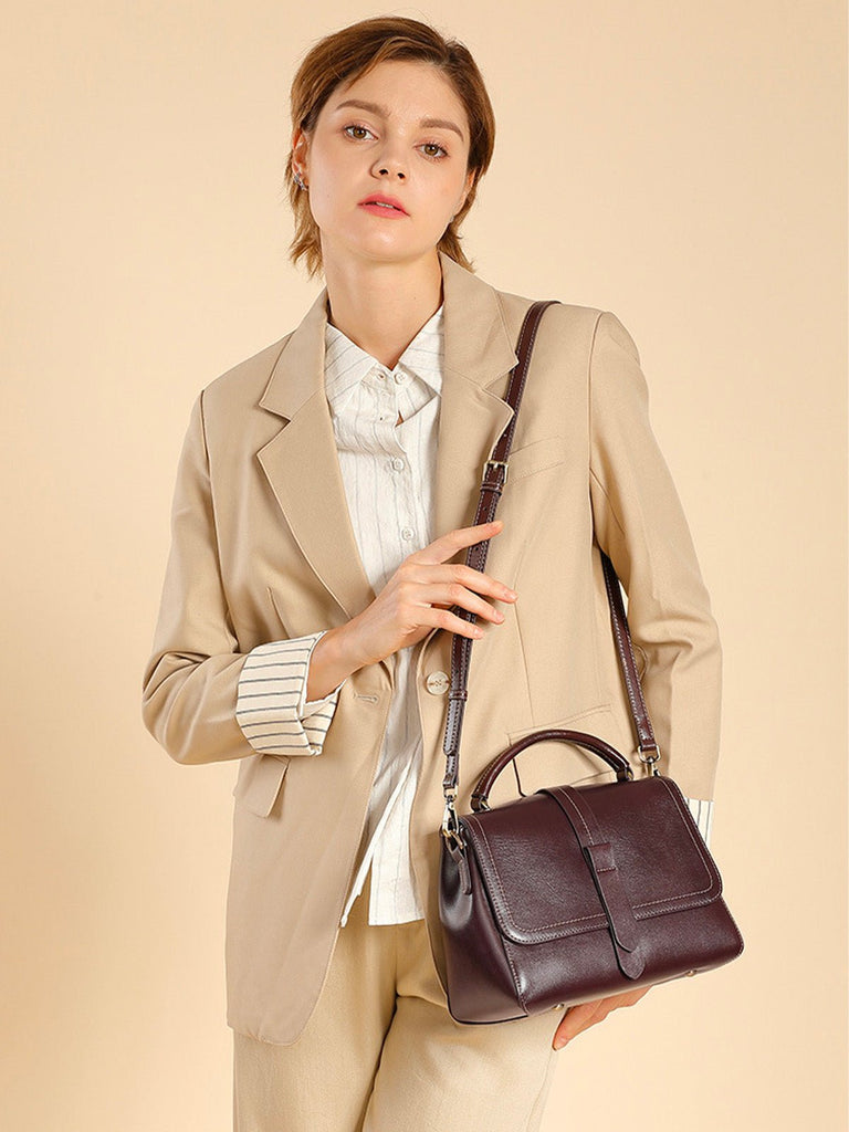 Sac à main femme cuir, bandoulière amovible, format compact, rabat magnétique, design vintage, modèle Junissa - Sac à main - Café