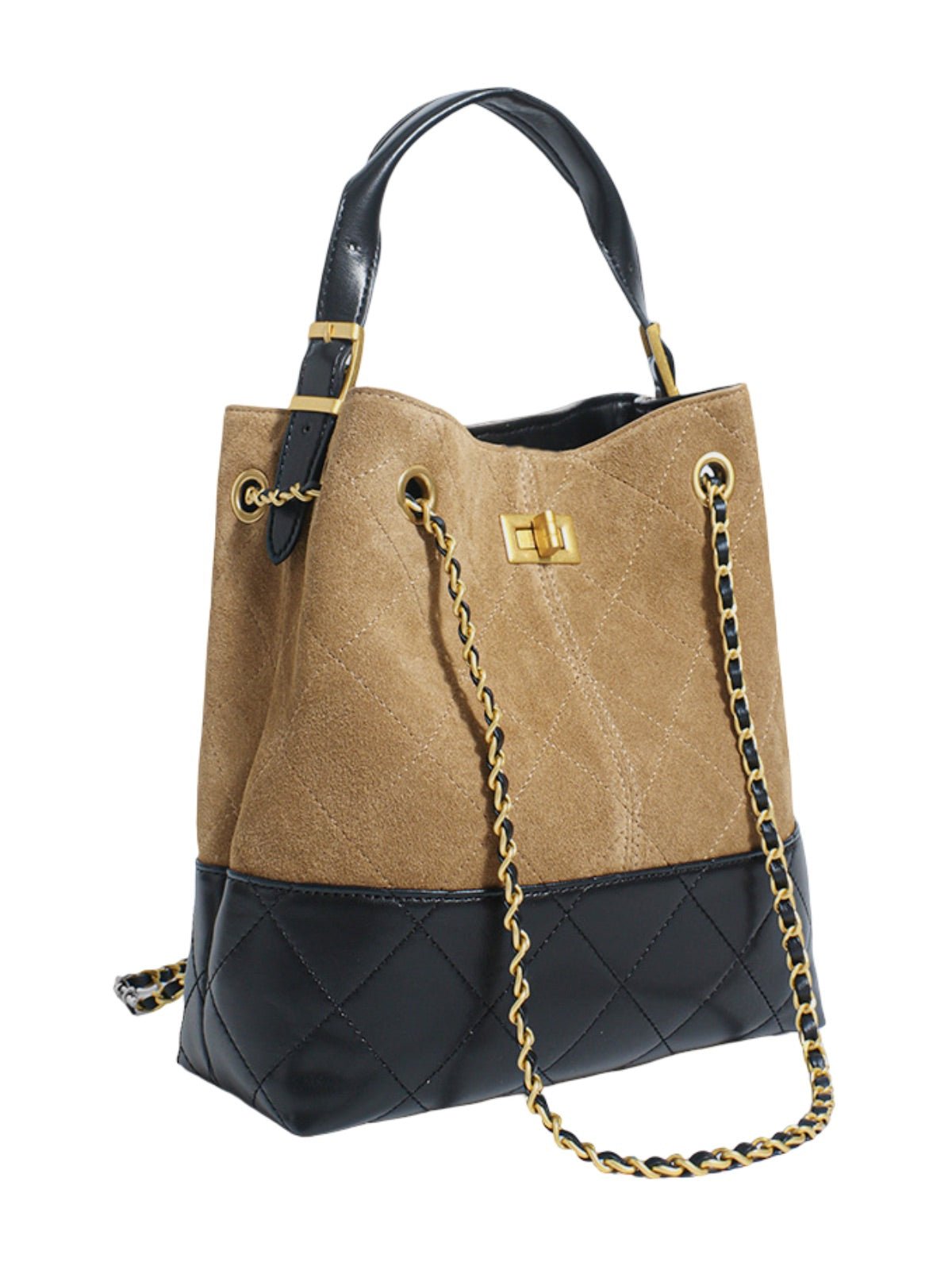 Sac à main femme cuir suédé, style luxe, chaîne dorée, forme seau, anse réglable, incontournable, modèle Ombeline - Sac à main - Marron