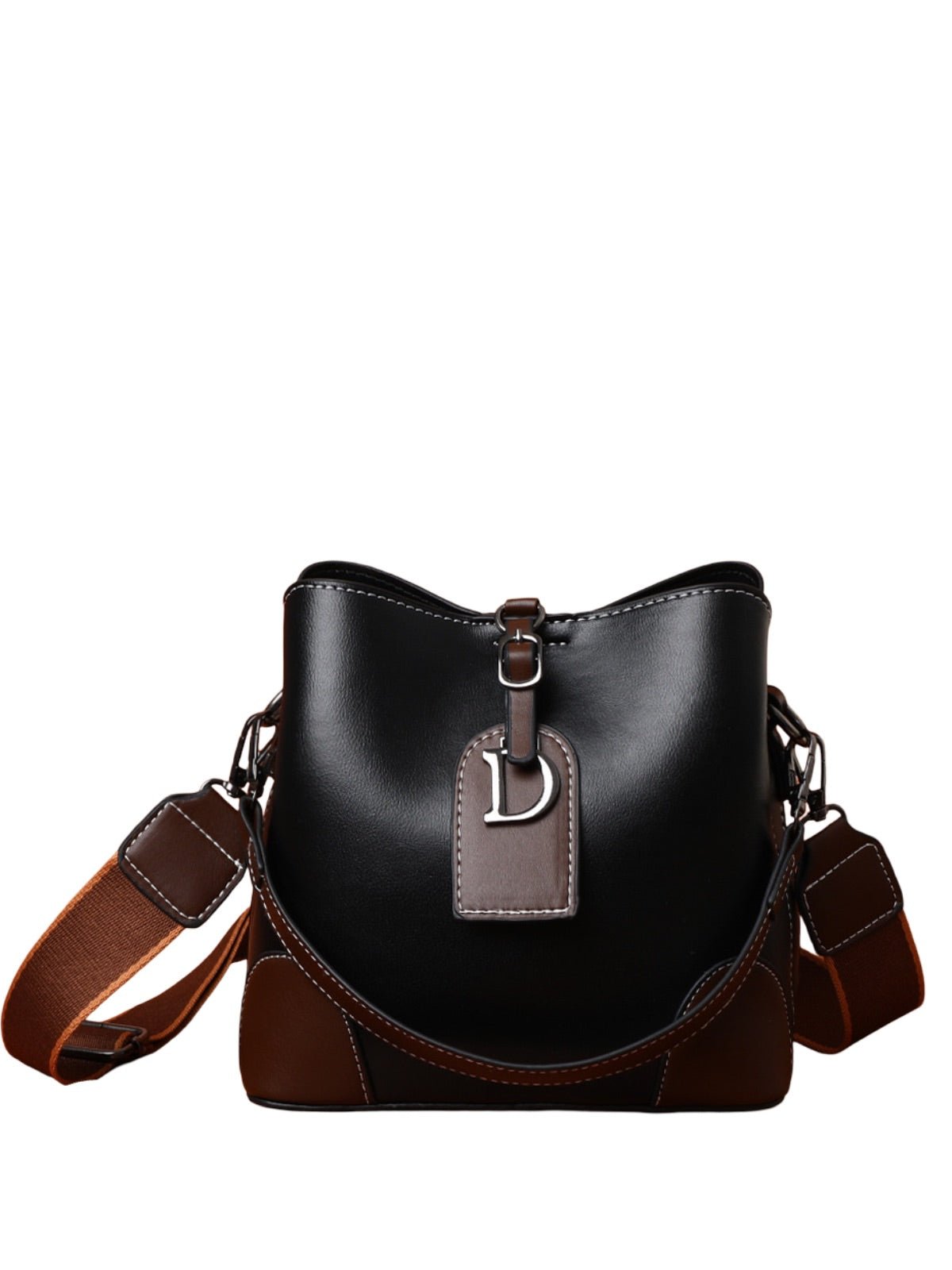 Sac à main femme "D" brillant métallisé, sac bandoulière, format seau, spacieux et organisé, idéal quotidien, modèle Djonia - Sac à main - Noir
