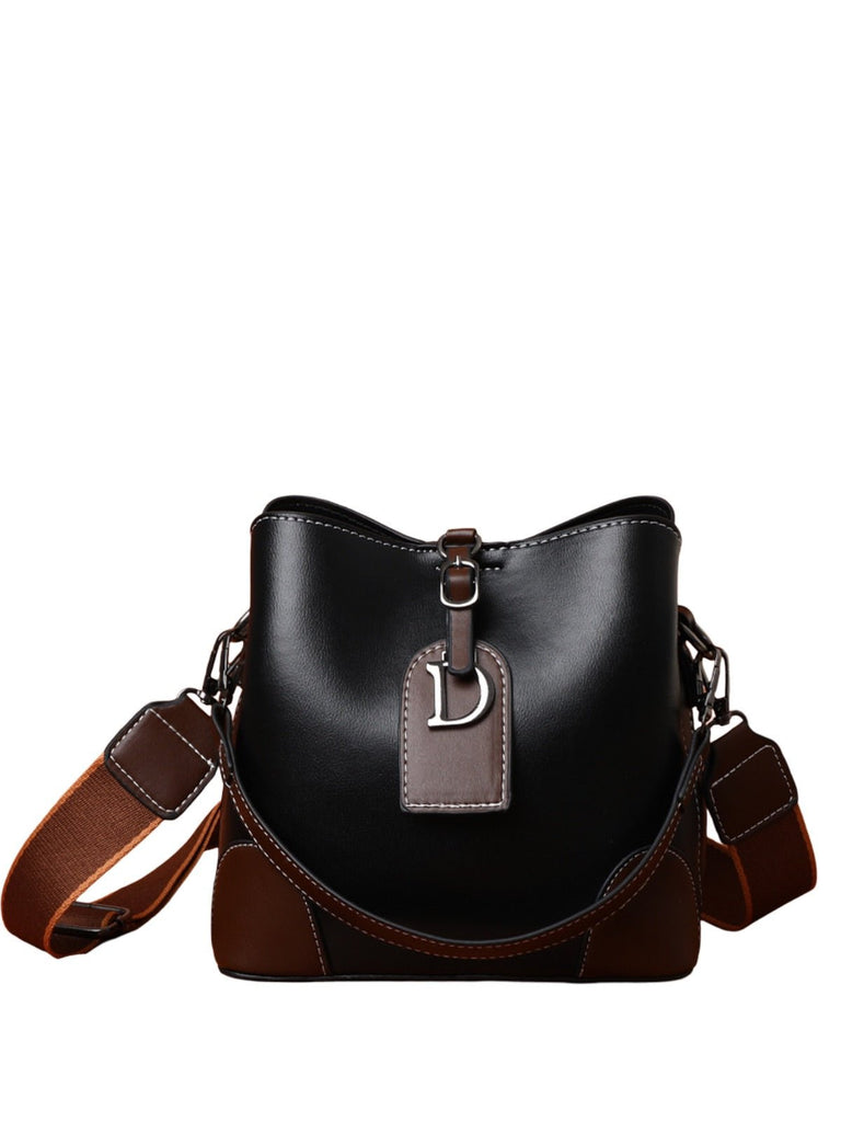 Sac à main femme "D" brillant métallisé, sac bandoulière, format seau, spacieux et organisé, idéal quotidien, modèle Djonia - Sac à main - Noir