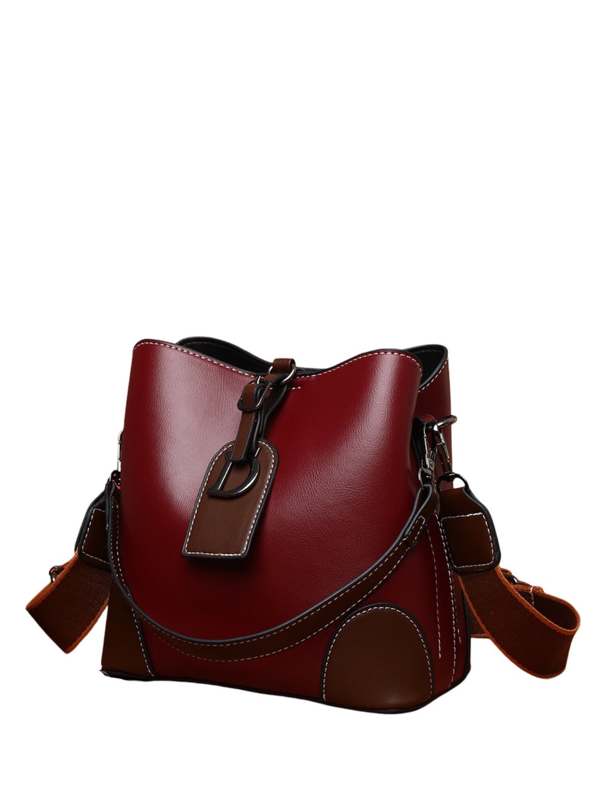 Sac à main femme "D" brillant métallisé, sac bandoulière, format seau, spacieux et organisé, idéal quotidien, modèle Djonia - Sac à main - Bordeaux