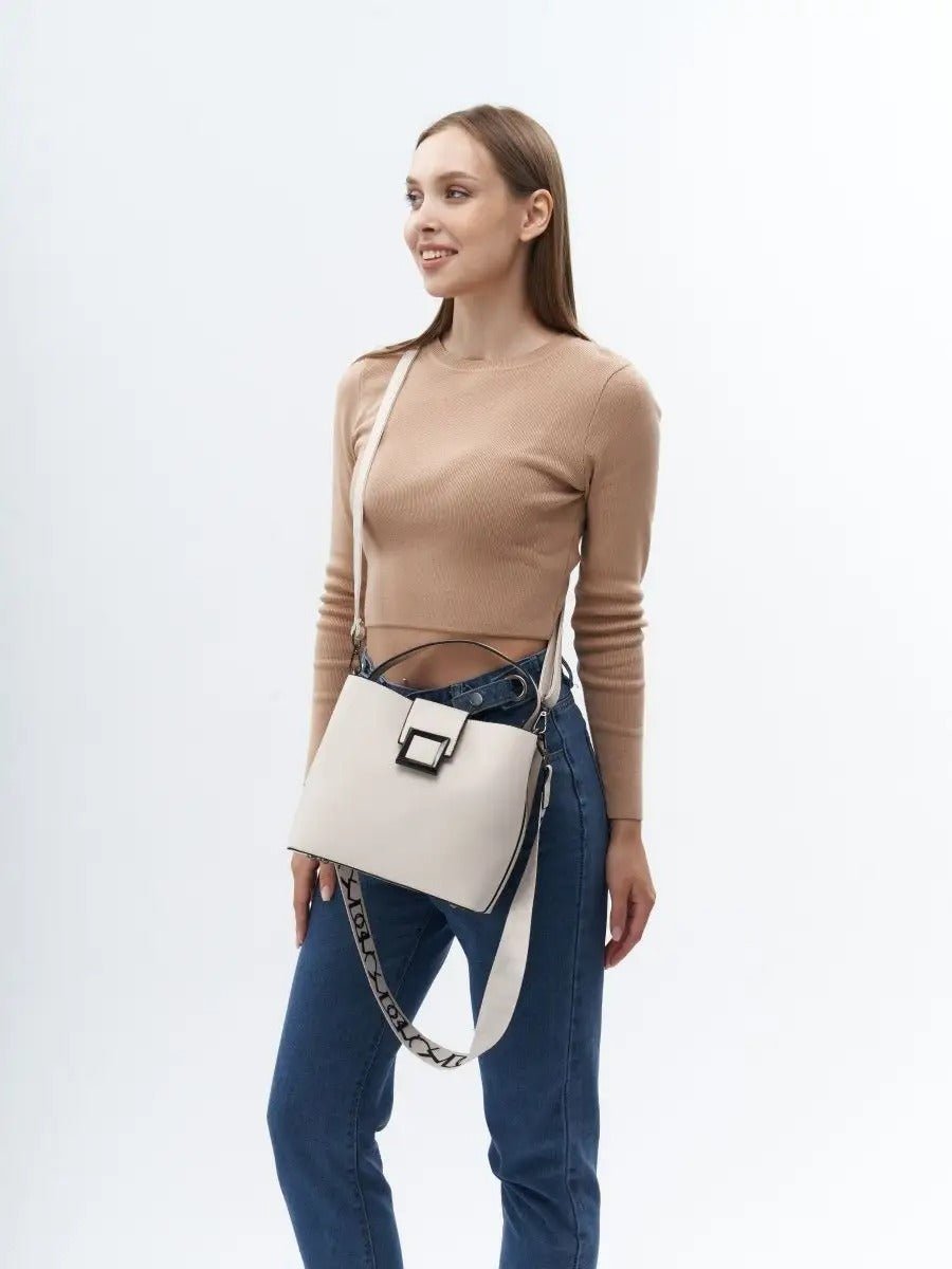 Sac à main femme, sac bandoulière, sac cabas moyen, simili vegan, anse large amovible, sac école, modèle Praxede - Sac à main - Blanc