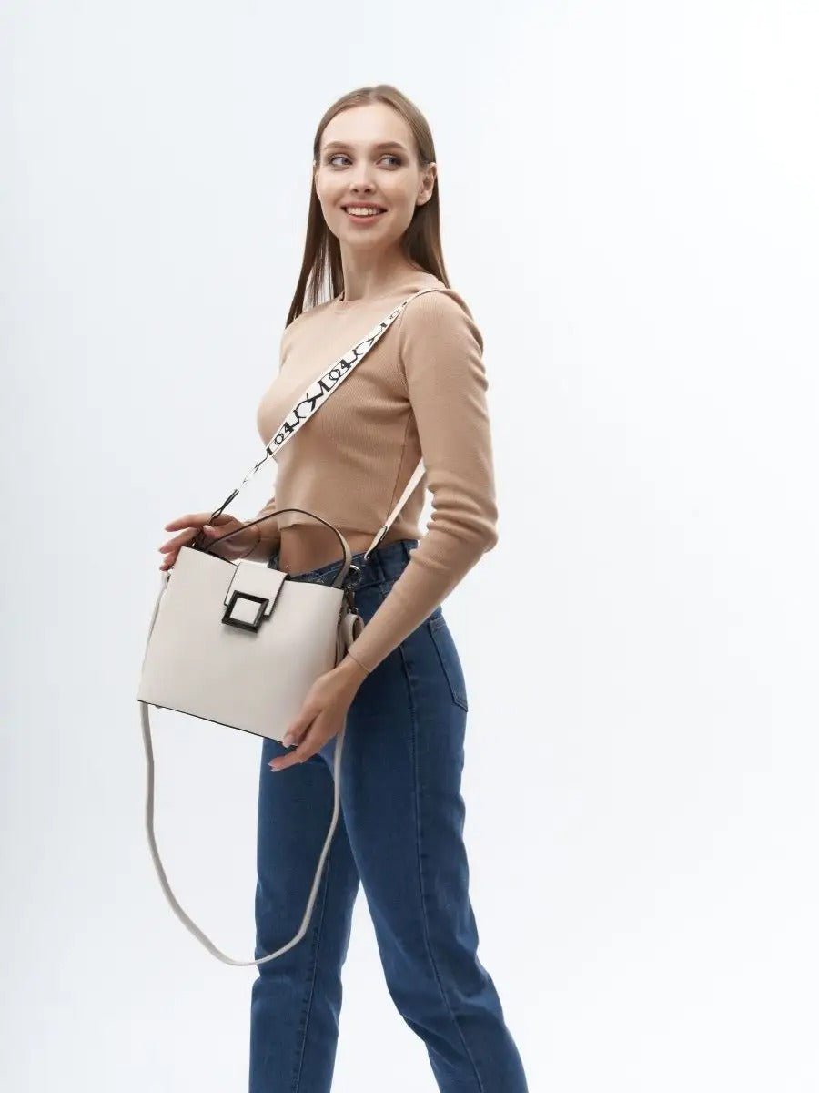 Sac à main femme, sac bandoulière, sac cabas moyen, simili vegan, anse large amovible, sac école, modèle Praxede - Sac à main - Blanc