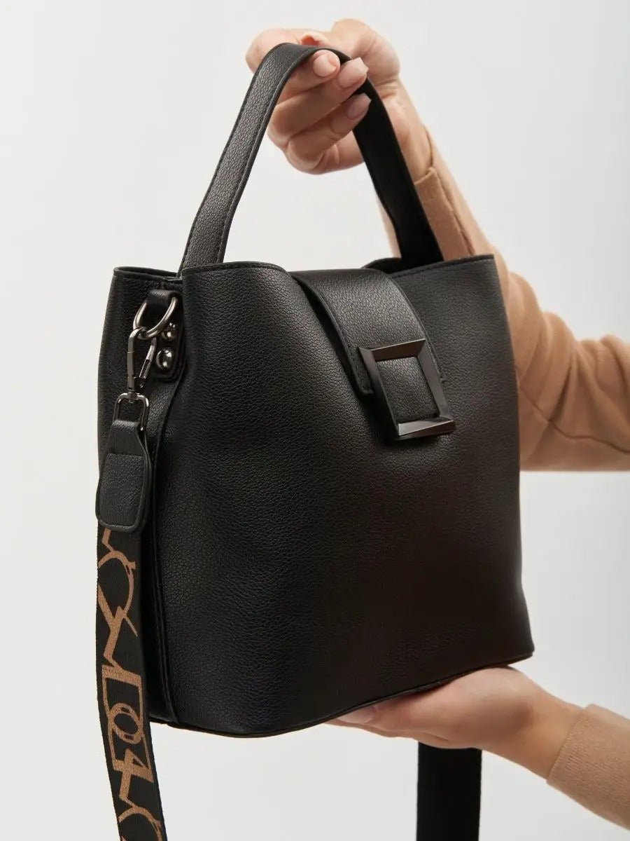Sac à main femme, sac bandoulière, sac cabas moyen, simili vegan, anse large amovible, sac école, modèle Praxede - Sac à main - Noir