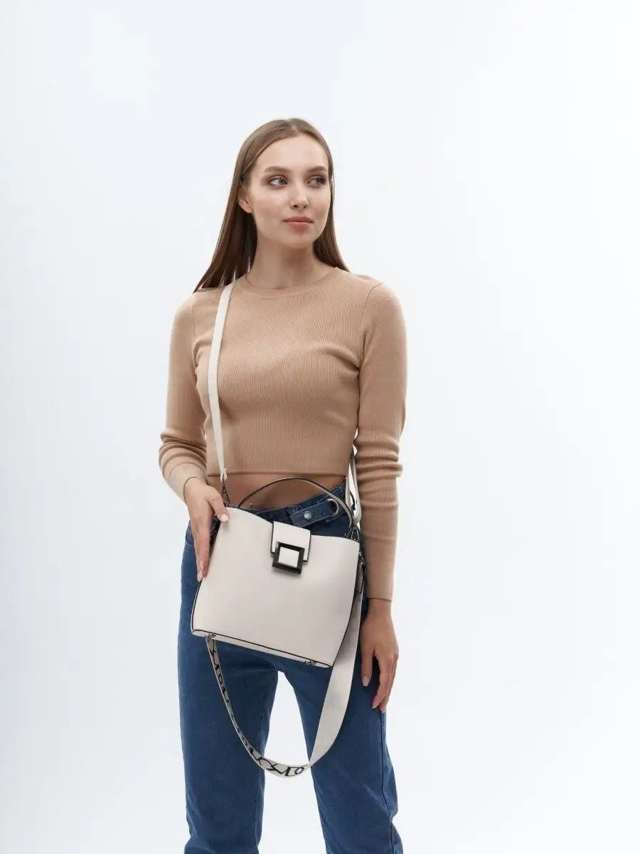Sac à main femme, sac bandoulière, sac cabas moyen, simili vegan, anse large amovible, sac école, modèle Praxede - Sac à main - Blanc