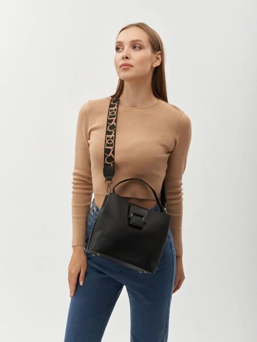 Sac à main femme, sac bandoulière, sac cabas moyen, simili vegan, anse large amovible, sac école, modèle Praxede - Sac à main - Noir