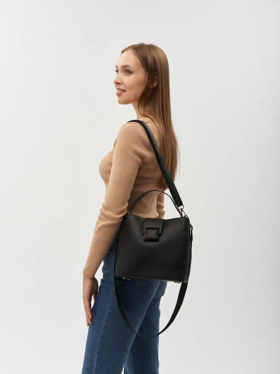 Sac à main femme, sac bandoulière, sac cabas moyen, simili vegan, anse large amovible, sac école, modèle Praxede - Sac à main - Noir