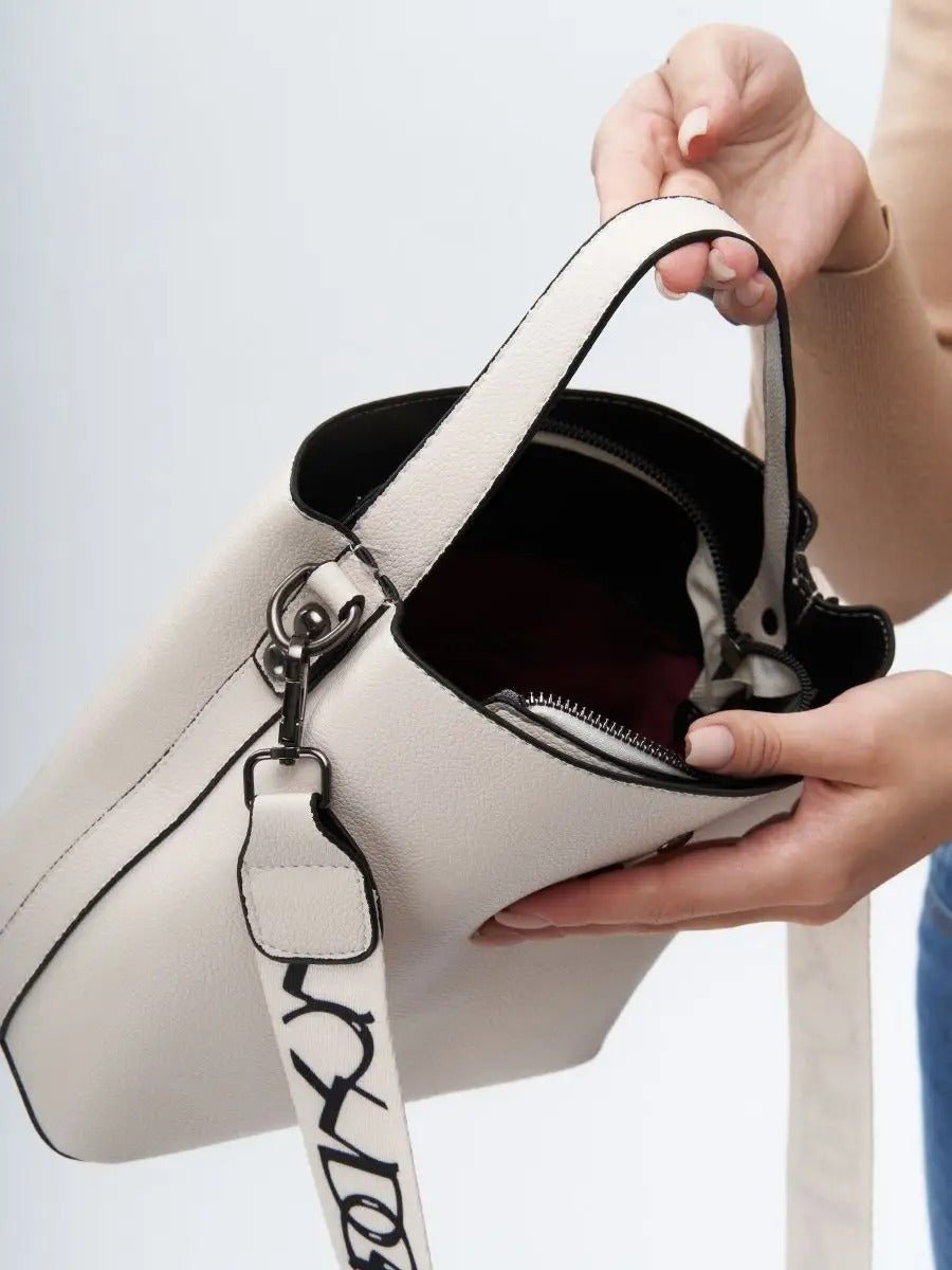 Sac à main femme, sac bandoulière, sac cabas moyen, simili vegan, anse large amovible, sac école, modèle Praxede - Sac à main - Blanc