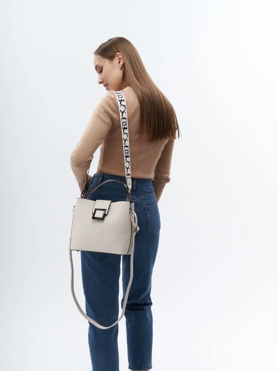 Sac à main femme, sac bandoulière, sac cabas moyen, simili vegan, anse large amovible, sac école, modèle Praxede - Sac à main - Blanc