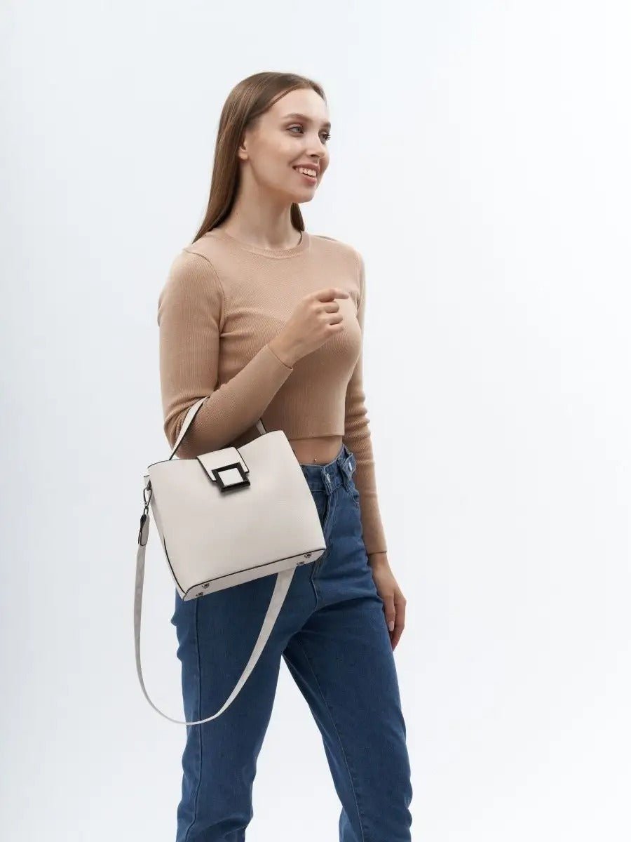 Sac à main femme, sac bandoulière, sac cabas moyen, simili vegan, anse large amovible, sac école, modèle Praxede - Sac à main - Blanc
