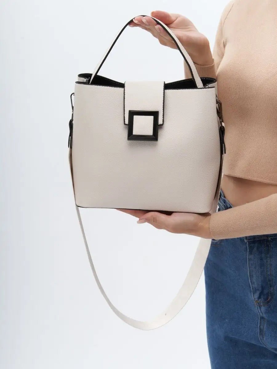 Sac à main femme, sac bandoulière, sac cabas moyen, simili vegan, anse large amovible, sac école, modèle Praxede - Sac à main - Blanc