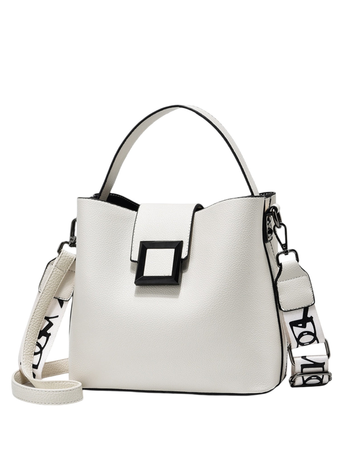 Sac à main femme, sac bandoulière, sac cabas moyen, simili vegan, anse large amovible, sac école, modèle Praxede - Sac à main - Blanc