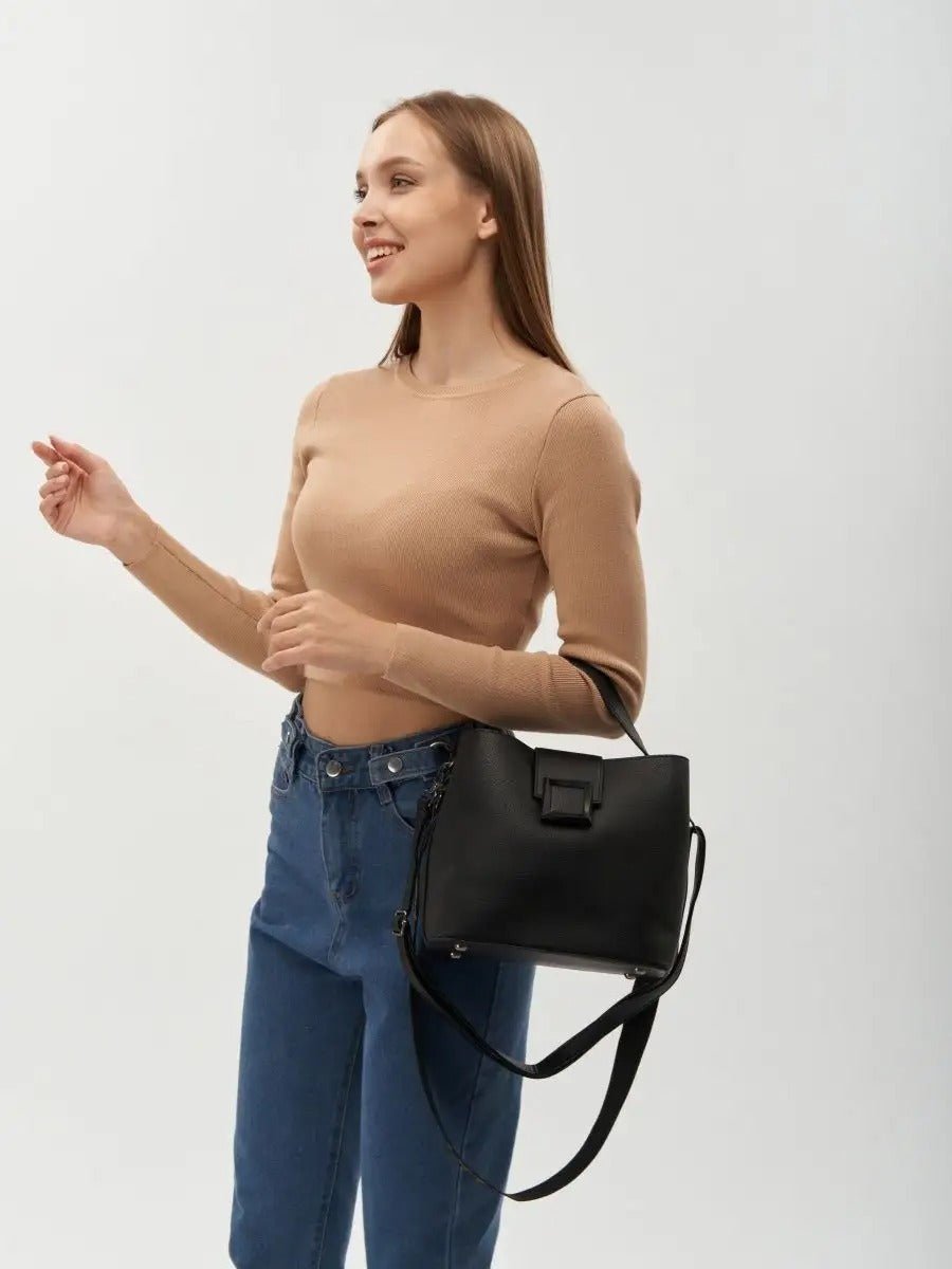 Sac à main femme, sac bandoulière, sac cabas moyen, simili vegan, anse large amovible, sac école, modèle Praxede - Sac à main - Noir