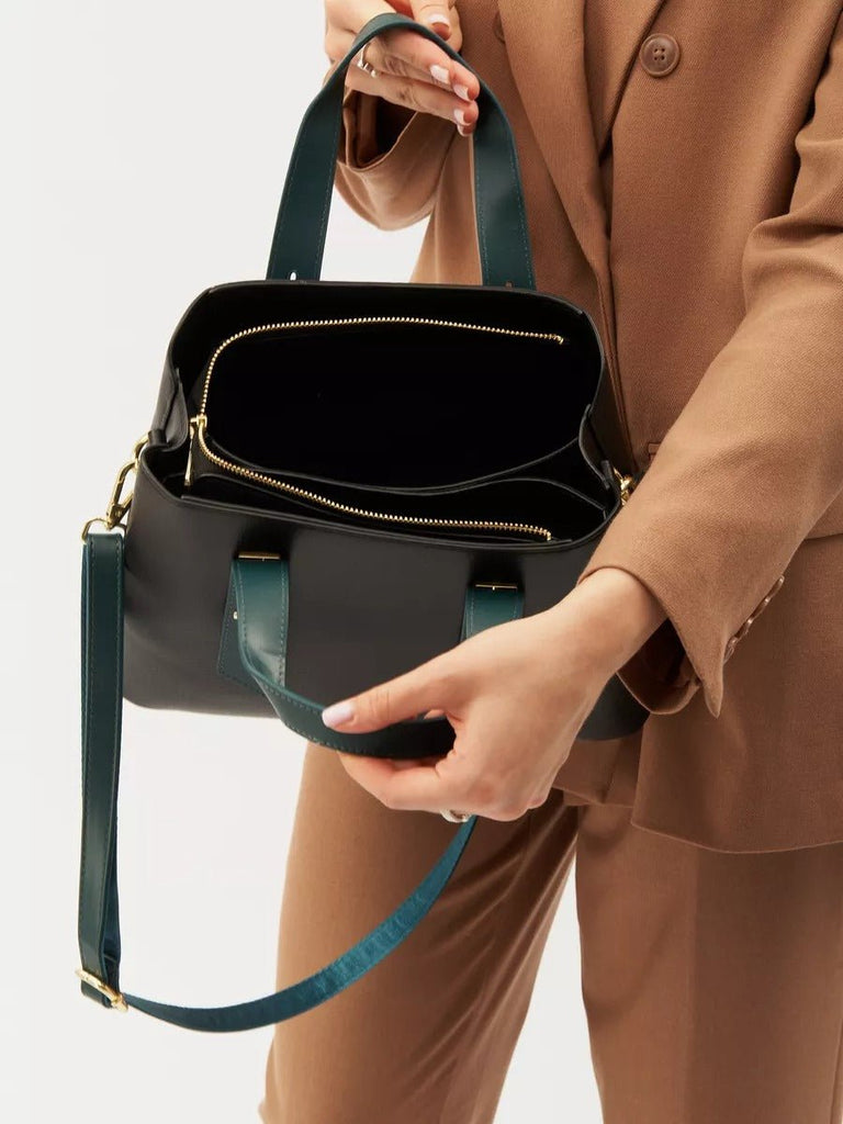Sac à main femme, sac bandoulière, sac trapèze, moyen format, PU lisse, anse contrastée, sac chic ville, modèle Agapite - Sac à main - Noir