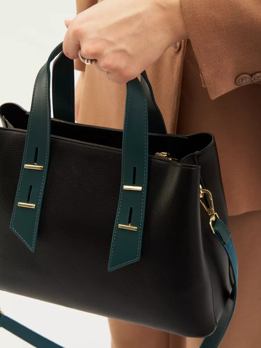 Sac à main femme, sac bandoulière, sac trapèze, moyen format, PU lisse, anse contrastée, sac chic ville, modèle Agapite - Sac à main - Noir