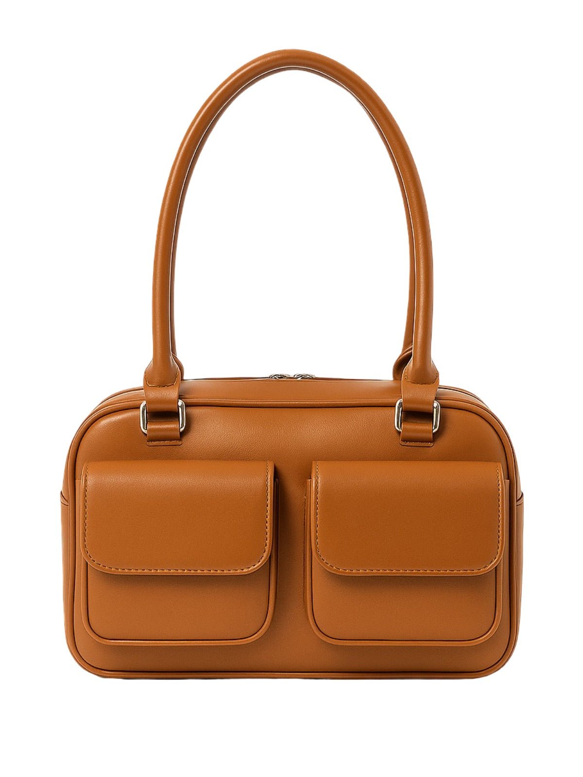 Sac à main, forme rectangulaire, avec poches frontales, simili vegan lisse, porté épaule ou main, chic soirée, modèle Syre - Sac à main - Cognac
