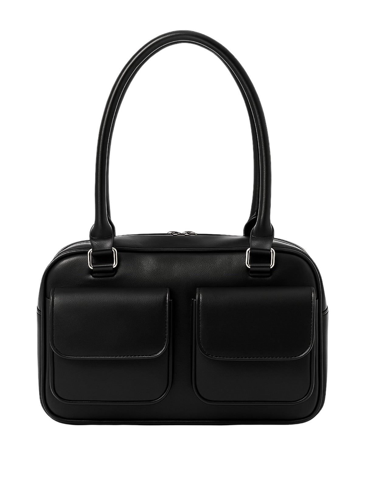 Sac à main, forme rectangulaire, avec poches frontales, simili vegan lisse, porté épaule ou main, chic soirée, modèle Syre - Sac à main - Noir