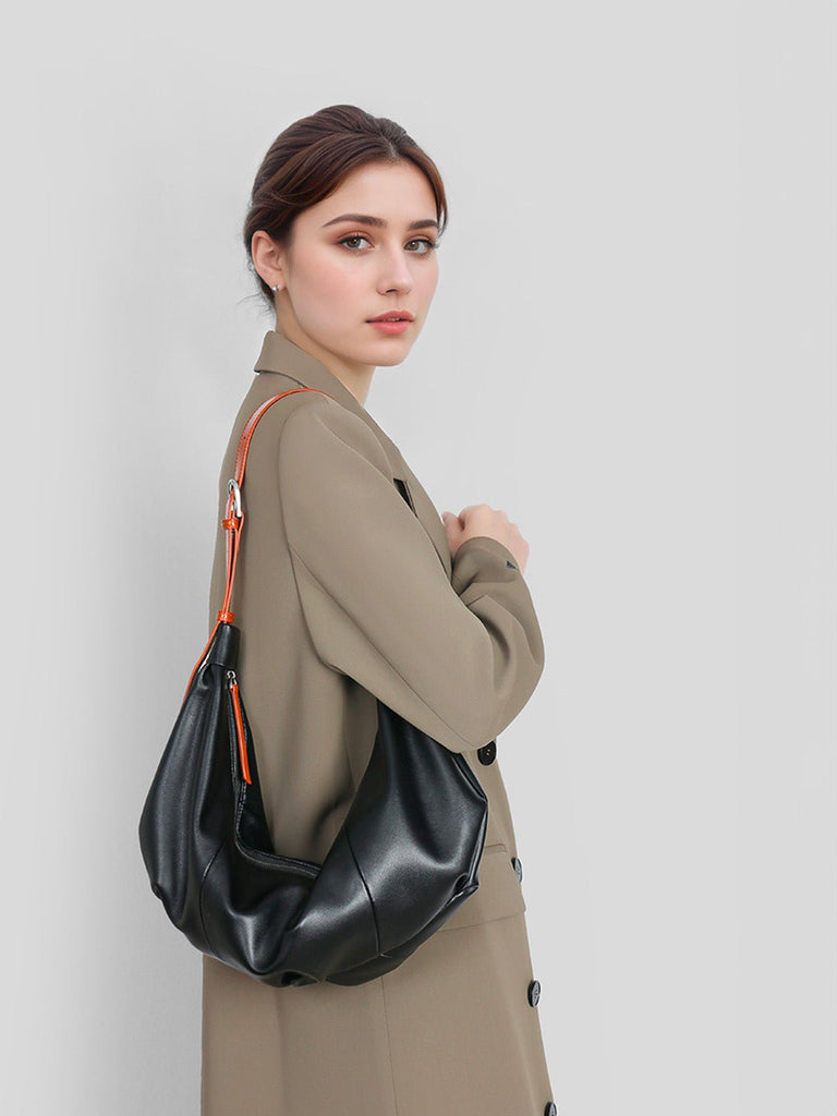 Sac à main hobo cuir souple, sac épaule femme, sac cabas dumpling, sac noir ou jaune, sac design tendance, modèle Ulina - Sac à main - Noir