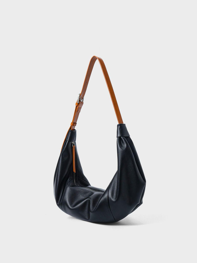 Sac à main hobo cuir souple, sac épaule femme, sac cabas dumpling, sac noir ou jaune, sac design tendance, modèle Ulina - Sac à main - Noir