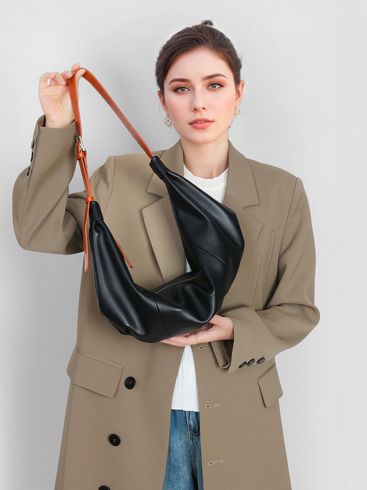 Sac à main hobo cuir souple, sac épaule femme, sac cabas dumpling, sac noir ou jaune, sac design tendance, modèle Ulina - Sac à main - Noir