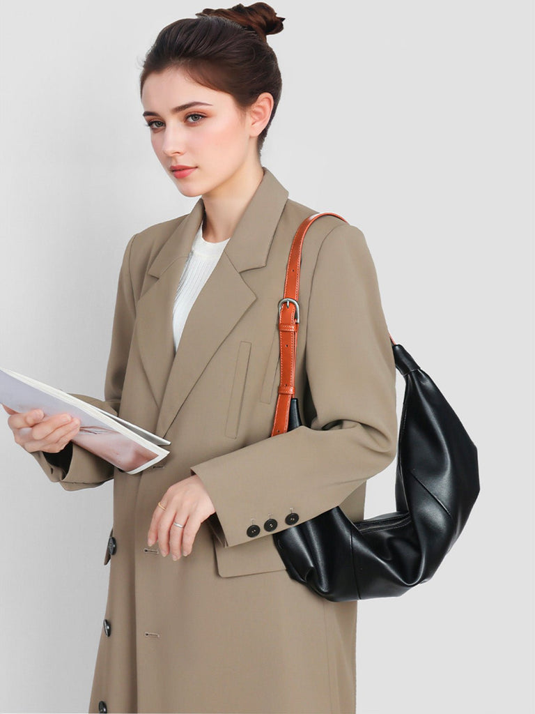 Sac à main hobo cuir souple, sac épaule femme, sac cabas dumpling, sac noir ou jaune, sac design tendance, modèle Ulina - Sac à main - Noir