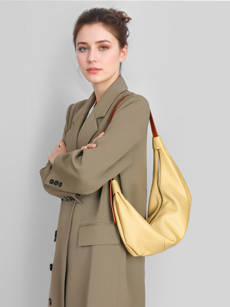 Sac à main hobo cuir souple, sac épaule femme, sac cabas dumpling, sac noir ou jaune, sac design tendance, modèle Ulina - Sac à main - Jaune