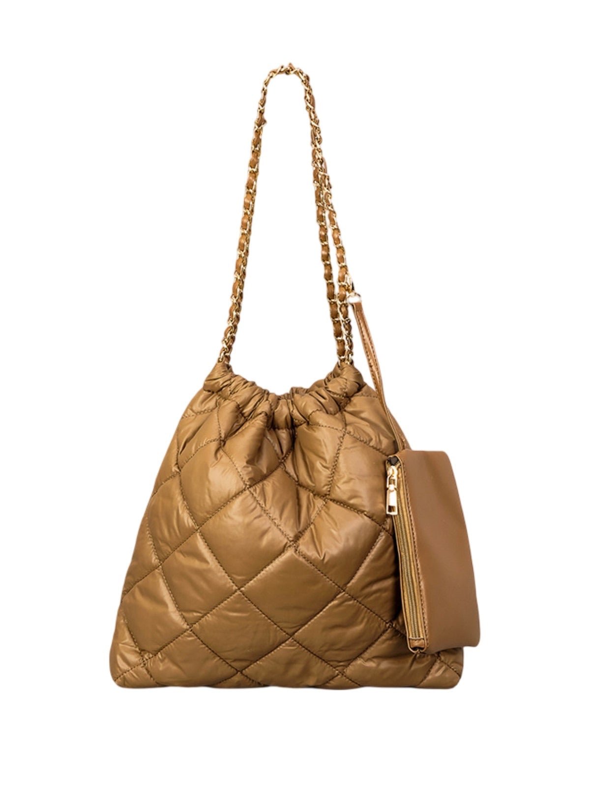 Sac à main matelassé nylon, grand format souple, chaîne dorée, pochette amovible, porté épaule, modèle Dzipe - Sac à main - Marron