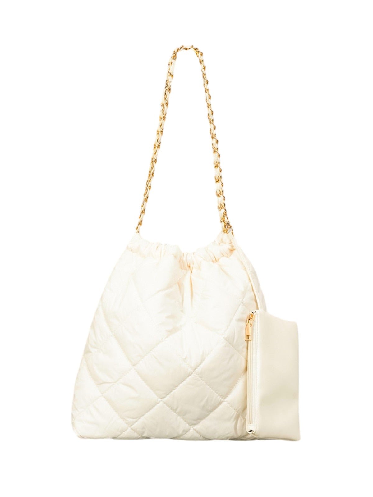 Sac à main matelassé nylon, grand format souple, chaîne dorée, pochette amovible, porté épaule, modèle Dzipe - Sac à main - Blanc