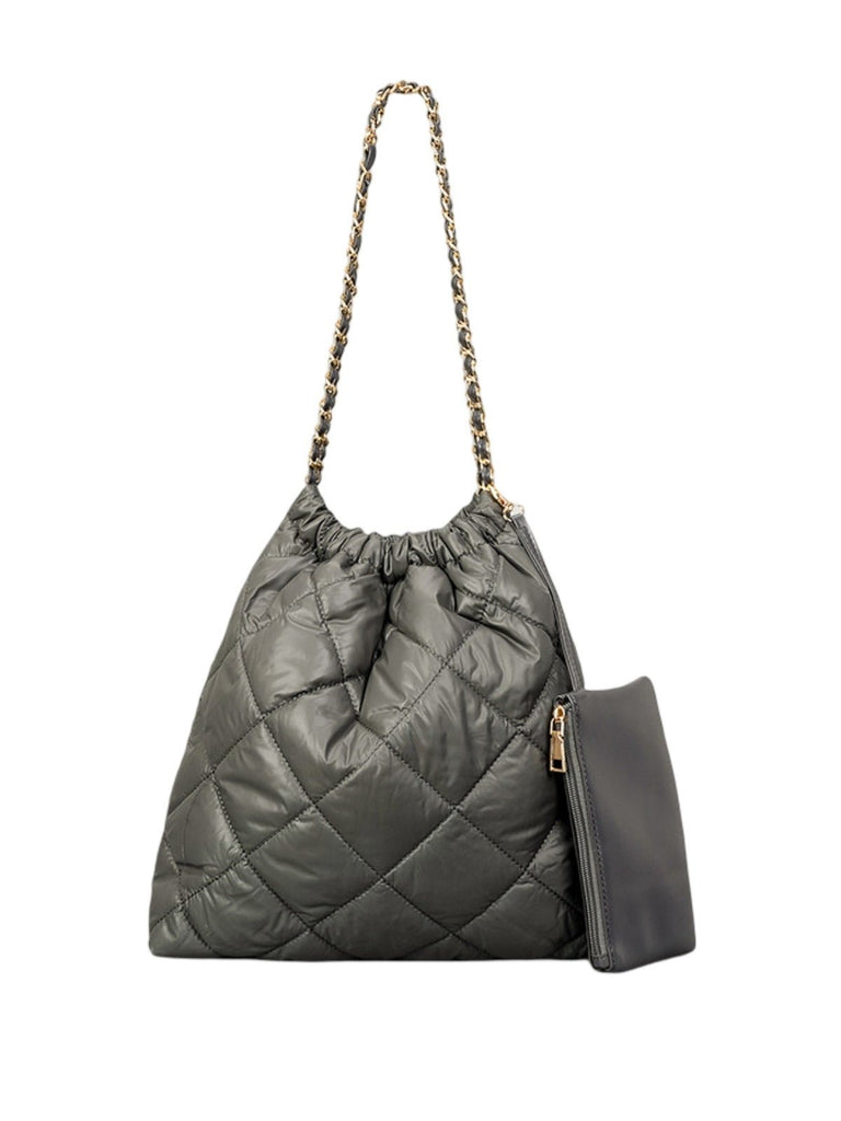 Sac à main matelassé nylon, grand format souple, chaîne dorée, pochette amovible, porté épaule, modèle Dzipe - Sac à main - Gris