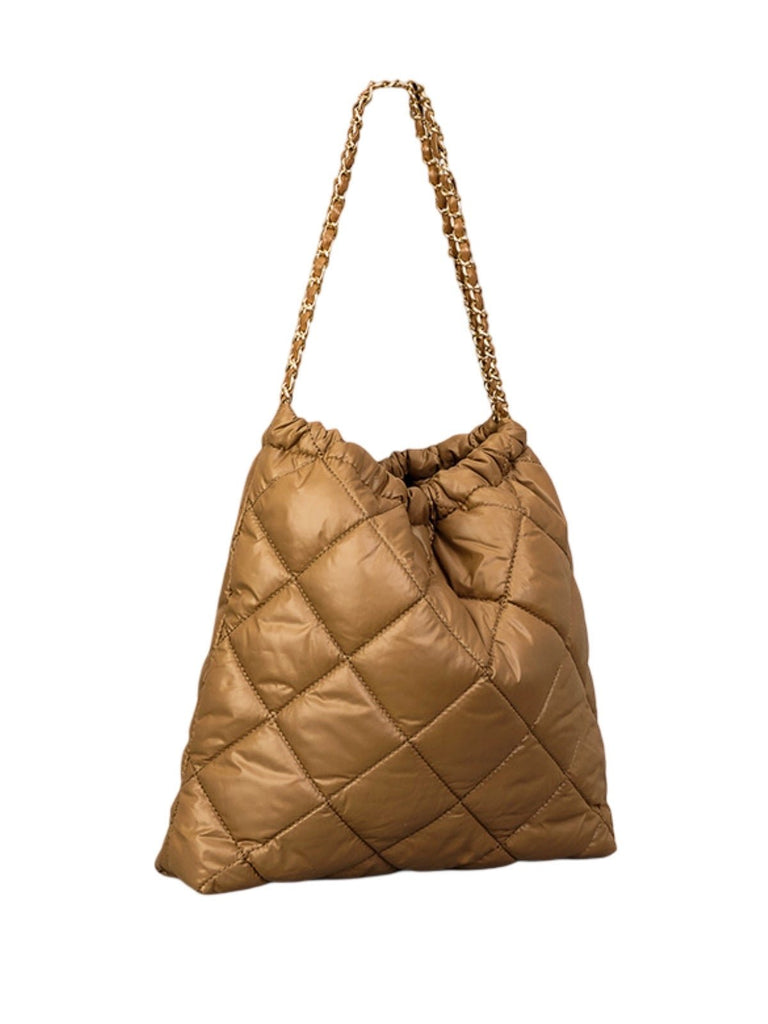 Sac à main matelassé nylon, grand format souple, chaîne dorée, pochette amovible, porté épaule, modèle Dzipe - Sac à main - Marron