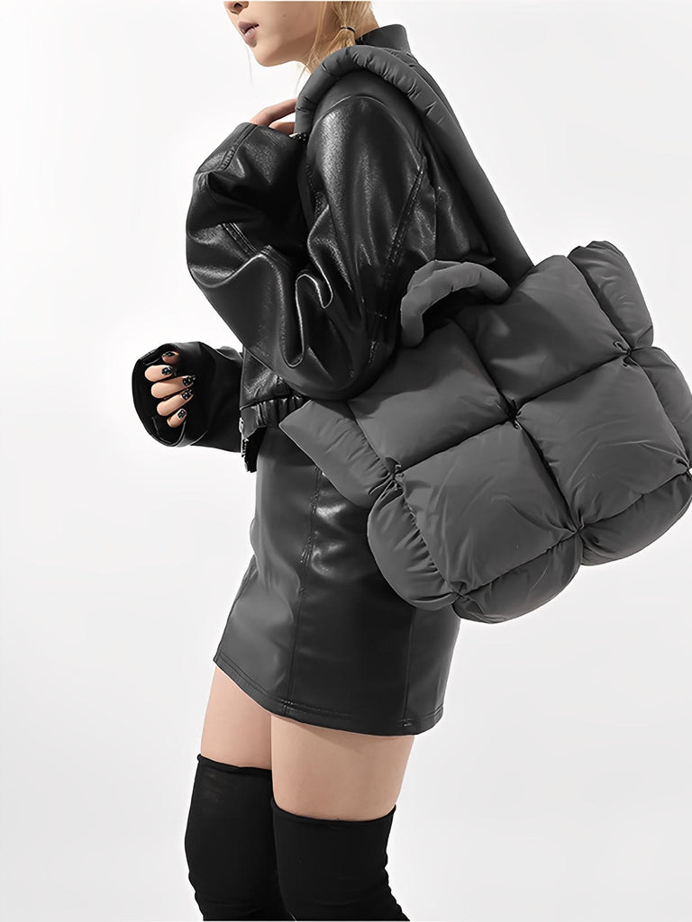 Sac à main matelassé oversize, sac cabas doudoune, fourré léger, sac épaule mode, sac shopping rembourré, modèle Solann - Sac à main - Gris