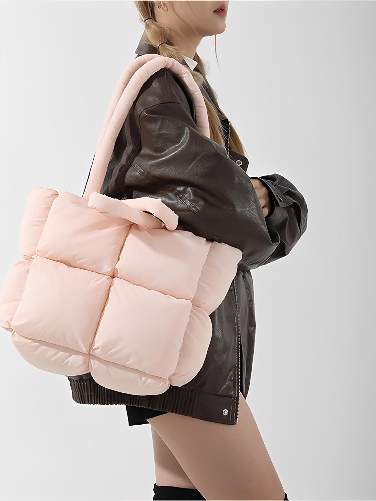 Sac à main matelassé oversize, sac cabas doudoune, fourré léger, sac épaule mode, sac shopping rembourré, modèle Solann - Sac à main - Rose