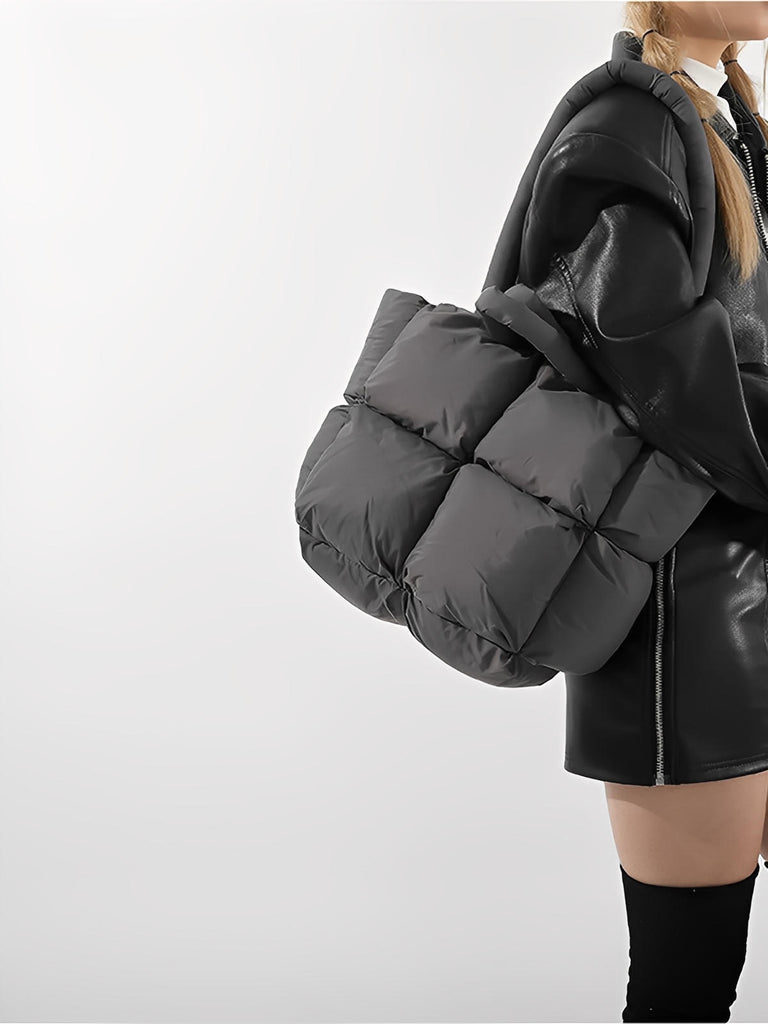 Sac à main matelassé oversize, sac cabas doudoune, fourré léger, sac épaule mode, sac shopping rembourré, modèle Solann - Sac à main - Gris