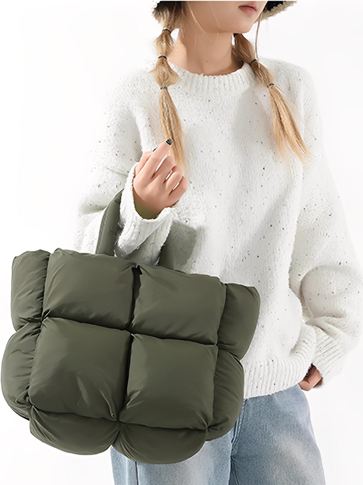 Sac à main matelassé oversize, sac cabas doudoune, fourré léger, sac épaule mode, sac shopping rembourré, modèle Solann - Sac à main - Kaki