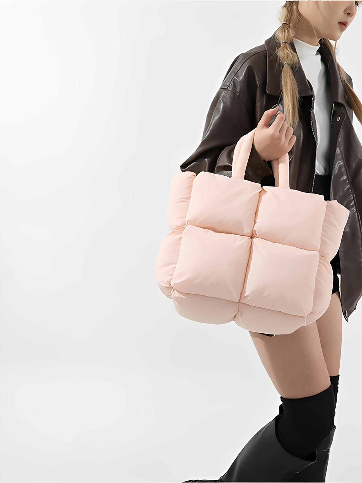 Sac à main matelassé oversize, sac cabas doudoune, fourré léger, sac épaule mode, sac shopping rembourré, modèle Solann - Sac à main - Rose